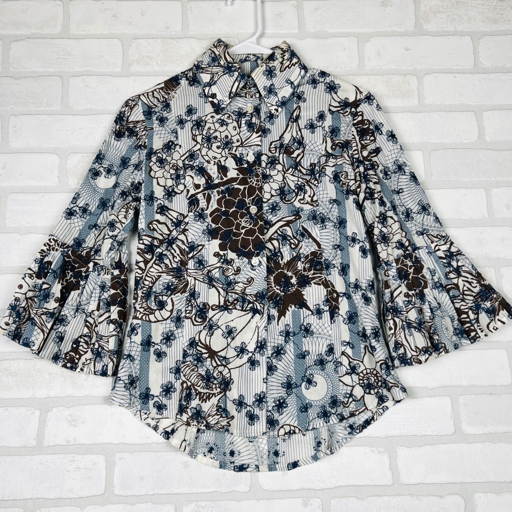 Bell Floral Embroidered Button Down Blouse Blue Brown Tiered Bell Sleeve Size 6